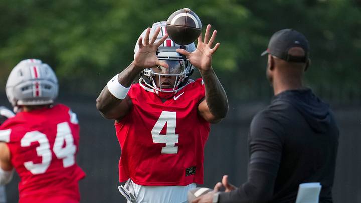Ohio State Buckeyes wide receiver Jeremiah Smith (4) catches a pass during the first practice of training camp at the Woody Hayes Athletic Center on Aug. 6, 2026. Ohio State Buckeyes wide receiver Jeremiah Smith (4) catches a pass during the first practice of training camp at the Woody Hayes Athletic Center on Aug. 6, 2026.
