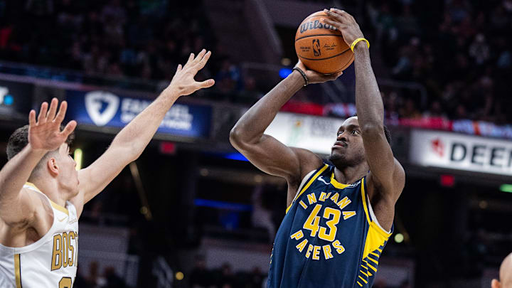 Jan 12, 2026; Indianapolis, Indiana, USA; Indiana Pacers forward Pascal Siakam (43) shoots the ball while Boston Celtics guard Hugo Gonzalez (28)  defends in the first half at Gainbridge Fieldhouse. Mandatory Credit: Trevor Ruszkowski-Imagn Images