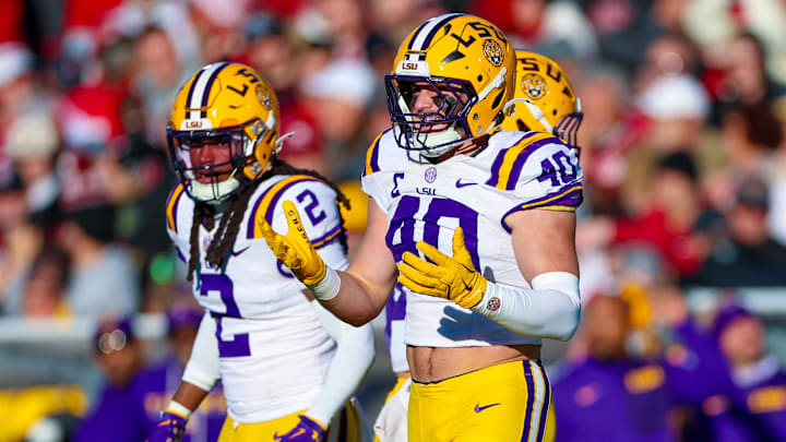 Nov 29, 2025; Norman, Oklahoma, USA;  Louisiana State Tigers linebacker Whit Weeks (40) reacts during the first half against the Oklahoma Sooners at Gaylord Family-Oklahoma Memorial Stadium. Mandatory Credit: Kevin Jairaj-Imagn Images