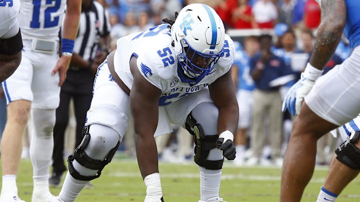 Sep 28, 2024; Oxford, Mississippi, USA; Kentucky Wildcats offensive lineman Jalen Farmer (52) waits for the snap during the first half against the Mississippi Rebels at Vaught-Hemingway Stadium. Mandatory Credit: Petre Thomas-Imagn Images