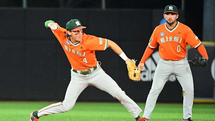Miami Hurricanes shortstop Jake Ogden (4) makes a play against the Southern Miss Golden Eagles during the final game of the 2025 NCAA Hattiesburg Regional game at Pete Taylor Park in Hattiesburg, Mississippi, on June 2, 2025.