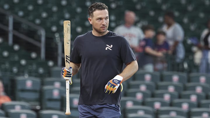 Sep 22, 2024; Houston, Texas, USA; Houston Astros third baseman Alex Bregman (2) walks on the field before the game against the Los Angeles Angels at Minute Maid Park. 