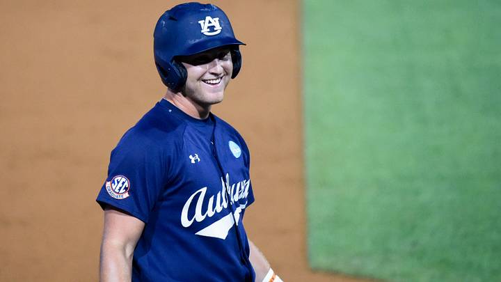 Auburn Tigers' Ike Irish (18) jokes with the dugout from third against the Central Connecticut State Blue Devils during the NCAA Regional Baseball Tournament at Plainsman Park in Auburn, Ala., on Friday May 30, 2025. Auburn Tigers' Ike Irish (18) jokes with the dugout from third against the Central Connecticut State Blue Devils during the NCAA Regional Baseball Tournament at Plainsman Park in Auburn, Ala., on Friday May 30, 2025.