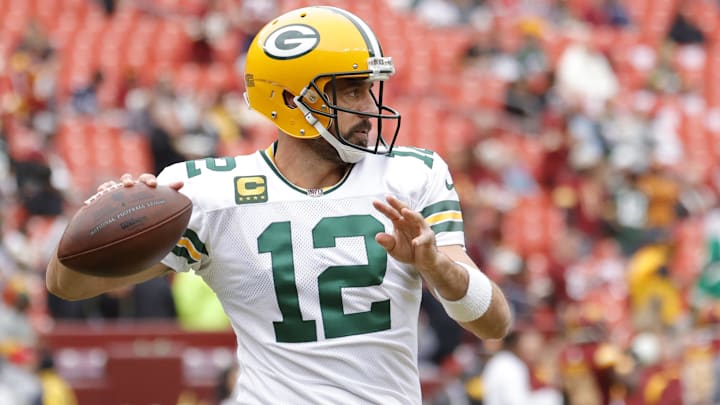 Oct 23, 2022; Landover, Maryland, USA; Green Bay Packers quarterback Aaron Rodgers (12) passes the