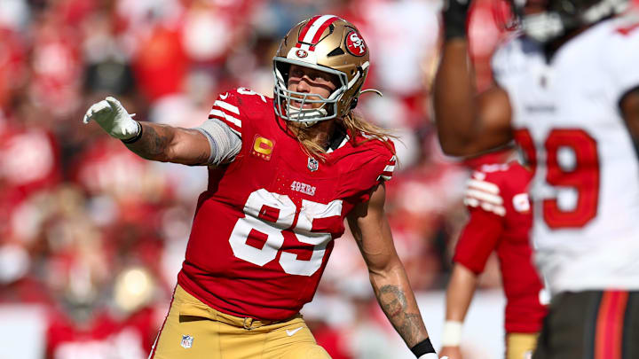 Nov 10, 2024; Tampa, Florida, USA; San Francisco 49ers tight end George Kittle (85) lines up against the Tampa Bay Buccaneers in the third quarter at Raymond James Stadium. Mandatory Credit: Nathan Ray Seebeck-Imagn Images