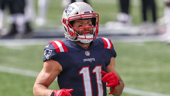 Sep 27, 2020; Foxborough, Massachusetts, USA; New England Patriots receiver Julian Edelman (11) reacts during the first half against the Las Vegas Raiders at Gillette Stadium. Mandatory Credit: Paul Rutherford-Imagn Images