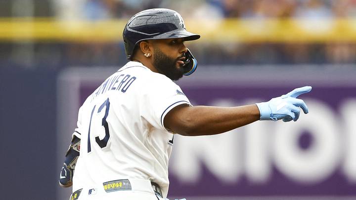 Jun 28, 2026; St. Petersburg, Florida, USA; Tampa Bay Rays third baseman Junior Caminero (13) reacts after hitting a home run against the Arizona Diamondbacks in the fifth inning at Tropicana Field. 