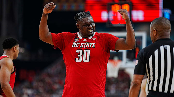 North Carolina State forward DJ Burns Jr. (30) shows his frustrations with an official during the Final Four semifinal game against Purdue at State Farm Stadium. North Carolina State forward DJ Burns Jr. (30) shows his frustrations with an official during the Final Four semifinal game against Purdue at State Farm Stadium.