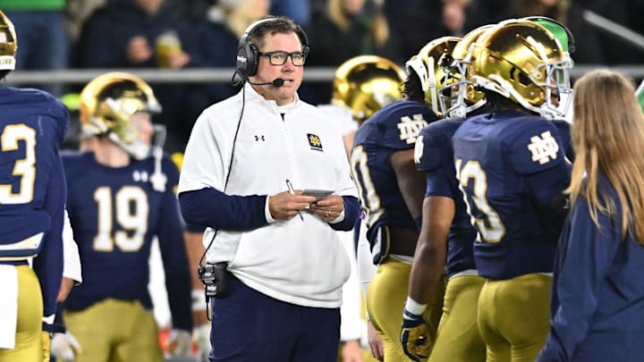 Oct 14, 2023; South Bend, Indiana, USA; Notre Dame Fighting Irish cefensive coordinator Al Golden watches in the third quarter against the USC Trojans at Notre Dame Stadium. 