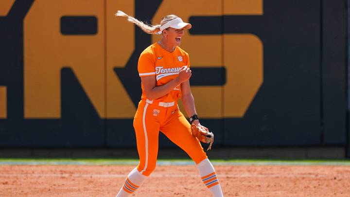 Tennessee pitcher Karlyn Pickens (23) celebrates getting a strikeout during a NCAA regional softball game between Tennessee and Virginia at Sherri Parker Lee Stadium in Knoxville, Tenn., on May 17, 2026.