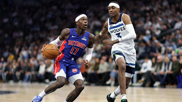 Mar 30, 2025; Minneapolis, Minnesota, USA; Detroit Pistons guard Dennis Schroder (17) works around Minnesota Timberwolves forward Jaden McDaniels (3) during the first quarter at Target Center. Mandatory Credit: Matt Krohn-Imagn Images Mar 30, 2025; Minneapolis, Minnesota, USA; Detroit Pistons guard Dennis Schroder (17) works around Minnesota Timberwolves forward Jaden McDaniels (3) during the first quarter at Target Center. Mandatory Credit: Matt Krohn-Imagn Images