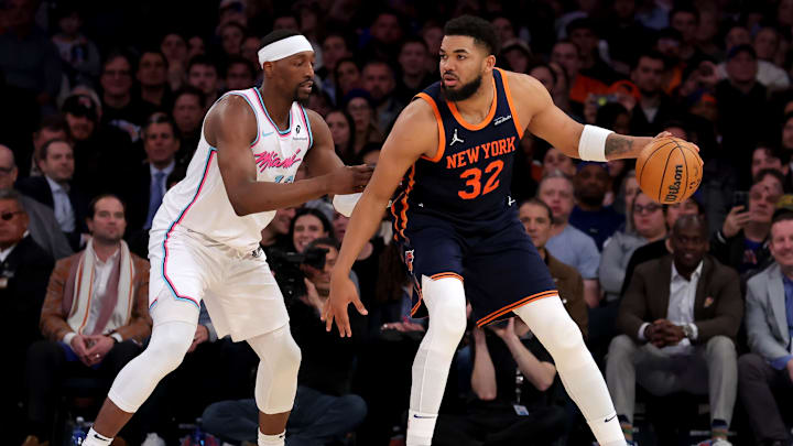 Mar 17, 2025; New York, New York, USA; New York Knicks center Karl-Anthony Towns (32) controls the ball against Miami Heat center Bam Adebayo (13) during the fourth quarter at Madison Square Garden. Mandatory Credit: Brad Penner-Imagn Images Mar 17, 2025; New York, New York, USA; New York Knicks center Karl-Anthony Towns (32) controls the ball against Miami Heat center Bam Adebayo (13) during the fourth quarter at Madison Square Garden. Mandatory Credit: Brad Penner-Imagn Images