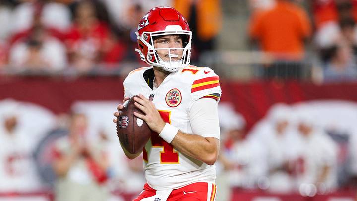 Aug 22, 2026; Tampa, Florida, USA; Kansas City Chiefs quarterback Garrett Nussmeier (14) drops back to pass against the Tampa Bay Buccaneers in the third quarter during a preseason game at Raymond James Stadium. Mandatory Credit: Nathan Ray Seebeck-Imagn Images Aug 22, 2026; Tampa, Florida, USA; Kansas City Chiefs quarterback Garrett Nussmeier (14) drops back to pass against the Tampa Bay Buccaneers in the third quarter during a preseason game at Raymond James Stadium. Mandatory Credit: Nathan Ray Seebeck-Imagn Images