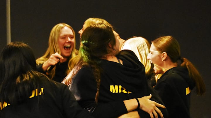 The Missouri volleyball team celebrates after getting selected into the NCAA Tournament during a NCAA Tournament Selection Show watch party in the Columns Club at Faurot Field on Nov. 26, 2023, in Columbia, Mo.