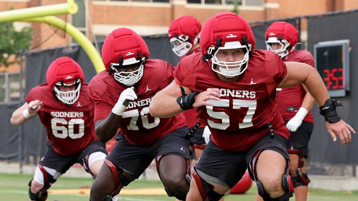 Oklahoma’s Gunnar Allen (57), Ryan Fodje (70) and Caleb Nitta (60) during football practice for the OU Sooners at the stadium practice fields in Norman, Okla., Friday, August 7, 2026. Oklahoma’s Gunnar Allen (57), Ryan Fodje (70) and Caleb Nitta (60) during football practice for the OU Sooners at the stadium practice fields in Norman, Okla., Friday, August 7, 2026.