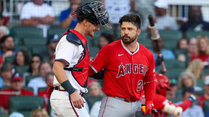 Jul 2, 2025; Atlanta, Georgia, USA; Atlanta Braves catcher Sean Murphy (12) hugs Los Angeles Angels catcher Travis d'Arnaud (25) before an at bat in the first inning at Truist Park. Mandatory Credit: Brett Davis-Imagn Images
Jul 2, 2025; Atlanta, Georgia, USA; Atlanta Braves catcher Sean Murphy (12) hugs Los Angeles Angels catcher Travis d'Arnaud (25) before an at bat in the first inning at Truist Park. Mandatory Credit: Brett Davis-Imagn Images