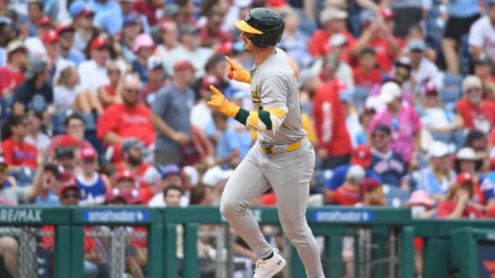 Jul 14, 2024; Philadelphia, Pennsylvania, USA; Oakland Athletics outfielder Brent Rooker (25) runs the bases after hitting a two-run home run against Philadelphia Phillies during the sixth inning at Citizens Bank Park. Mandatory Credit: Eric Hartline-USA TODAY Sports