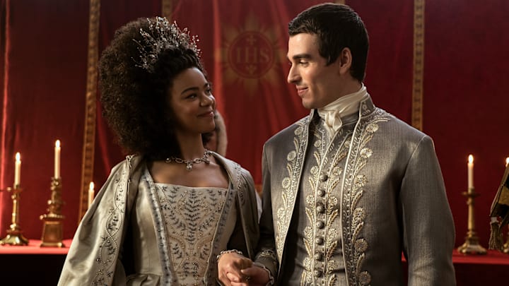 (L to R) India Amarteifio as Young Queen Charlotte, Corey Mylchreest as Young King George in episode 101 of Queen Charlotte: A Bridgerton Story (L to R) India Amarteifio as Young Queen Charlotte, Corey Mylchreest as Young King George in episode 101 of Queen Charlotte: A Bridgerton Story