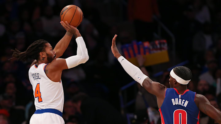 Oct 21, 2022; New York, New York, USA; New York Knicks guard Derrick Rose (4) shoots the ball against Detroit Pistons center Jalen Duren (0) at Madison Square Garden. Mandatory Credit: Tom Horak-Imagn Images
