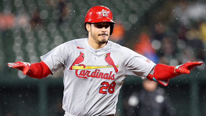 May 27, 2025; Baltimore, Maryland, USA; St. Louis Cardinals third baseman Nolan Arenado (28) celebrates after hitting a home run during the eighth inning against the Baltimore Orioles at Oriole Park at Camden Yards. Mandatory Credit: Daniel Kucin Jr.-Imagn Images