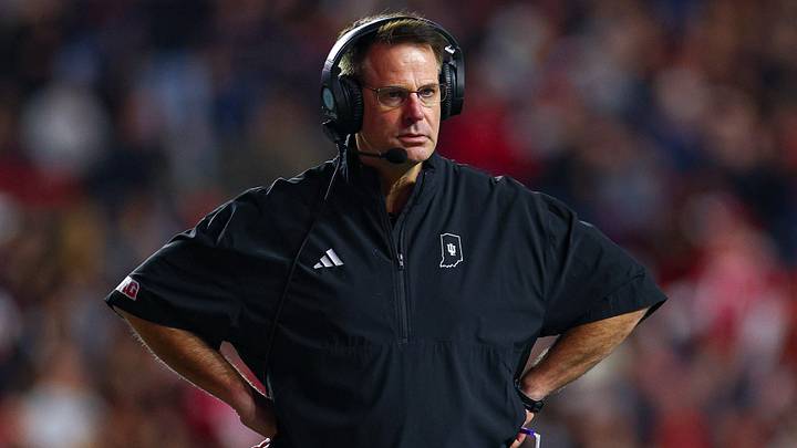 Oct 3, 2026; Piscataway, New Jersey, USA; Indiana Hoosiers head coach Curt Cignetti looks on during the first half against the Rutgers Scarlet Knights at SHI Stadium. Mandatory Credit: Vincent Carchietta-Imagn Images