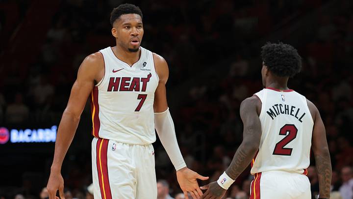 Oct 8, 2026; Miami, Florida, USA; Miami Heat forward Giannis Antetokounmpo (7) and guard Davion Mitchell (2) high-five against the New Orleans Pelicans during the second quarter at Kaseya Center. Mandatory Credit: Sam Navarro-Imagn Images Oct 8, 2026; Miami, Florida, USA; Miami Heat forward Giannis Antetokounmpo (7) and guard Davion Mitchell (2) high-five against the New Orleans Pelicans during the second quarter at Kaseya Center. Mandatory Credit: Sam Navarro-Imagn Images