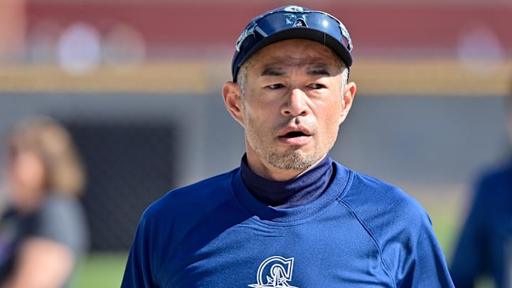 Former Seattle Mariners player Ichiro Suzuki looks on during a Spring Training workout on Feb. 15 at Peoria Sports Complex.