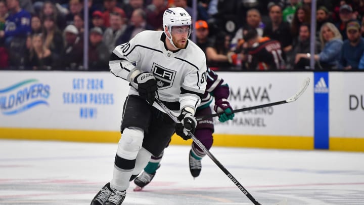 Los Angeles Kings center Pierre-Luc Dubois skates against the Anaheim Ducks.