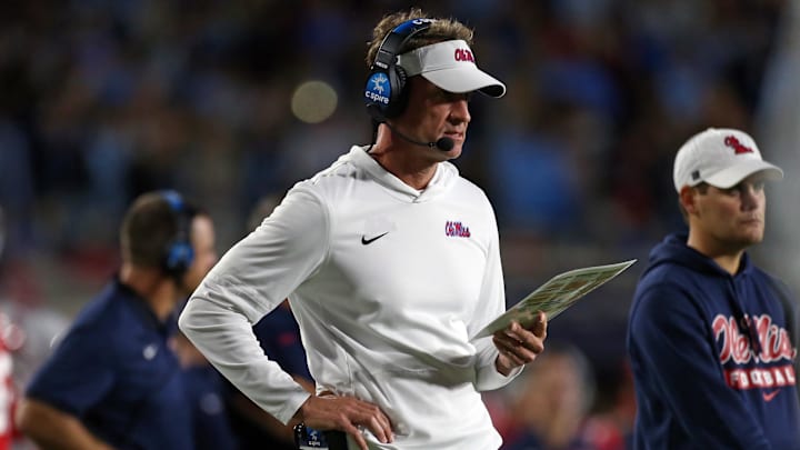 Nov 1, 2025; Oxford, Mississippi, USA; Mississippi Rebels head coach Lane Kiffin looks on during the first quarter against the South Carolina Gamecocks at Vaught-Hemingway Stadium. Mandatory Credit: Petre Thomas-Imagn Images