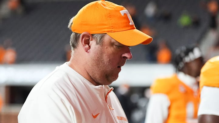 Tennessee football coach Josh Heupel walk towards the locker room after the loss to Vanderbilt in an NCAA college football game on Nov. 29, 2025, in Knoxville, Tennessee. NCAA college football game between Vanderbilt and Tennessee on Nov. 29, 2025, in Knoxville, Tennessee.