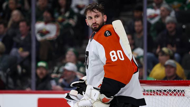 Mar 12, 2026; Saint Paul, Minnesota, USA; Philadelphia Flyers goaltender Dan Vladar (80) looks on during the second period against the Minnesota Wild at Grand Casino Arena. Mandatory Credit: Matt Krohn-Imagn Images