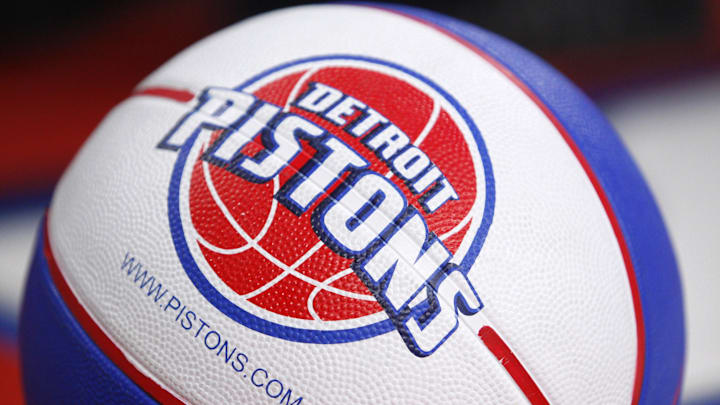Apr 12, 2015; Auburn Hills, MI, USA; A general shot of a basketball with a Detroit Pistons logo on it during the third quarter against the Charlotte Hornets at The Palace of Auburn Hills. Pistons beat the Hornets 116-77. Mandatory Credit: Raj Mehta-Imagn Images