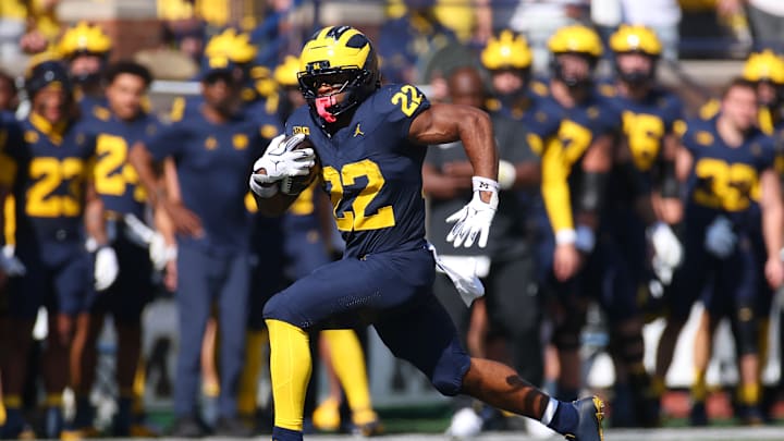 Oct 4, 2025 Ann Arbor Michigan, Michigan Wolverines running back Justice Haynes (22) breaks a big run in the first quarter against the Wisconsin Badgers at the Big House Michigan Stadium. 