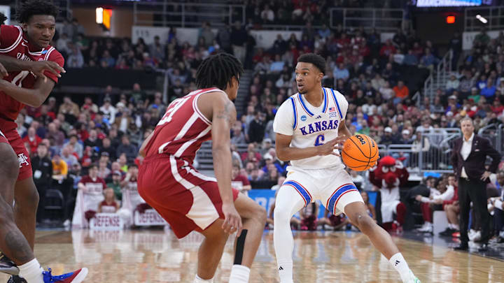 Mar 20, 2025; Providence, RI, USA;  Kansas Jayhawks guard Rylan Griffen (6) drives to the basket during the second half against Arkansas Razorbacks at Amica Mutual Pavilion. Mandatory Credit: Gregory Fisher-Imagn Images