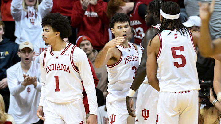 Indiana Hoosiers guard Myles Rice (1) and Indiana Hoosiers guard Anthony Leal (3) celebrate after a play during the second half  against the Maryland Terrapins at Simon Skjodt Assembly Hall.