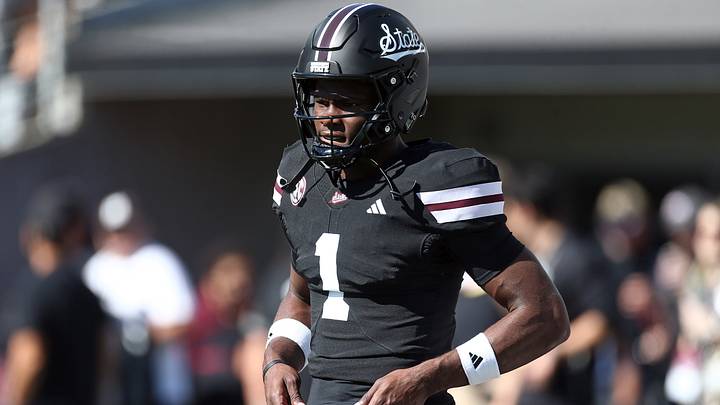Oct 24, 2026; Starkville, Mississippi, USA; Mississippi State Bulldogs quarterback Kamario Taylor (1) looks on during warm ups prior to the game against the Oklahoma Sooners at Davis Wade Stadium at Scott Field. Mandatory Credit: Petre Thomas-Imagn Images