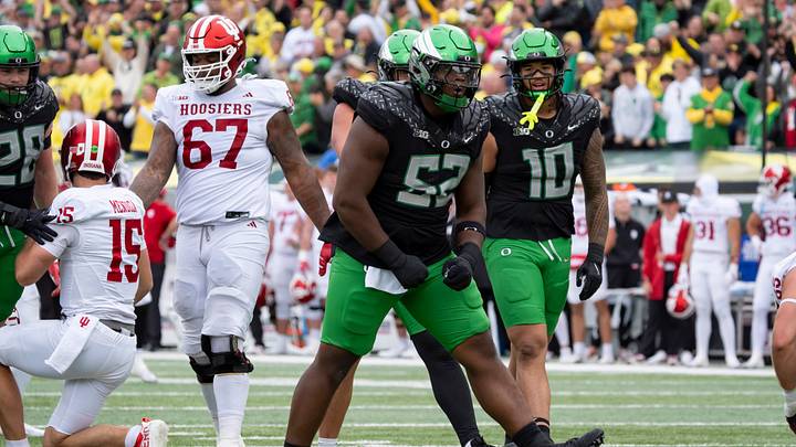 Oregon defensive lineman A'Mauri Washington celebrates a sack as the Oregon Ducks host the Indiana Hoosiers Oct. 11, 2025, at Autzen Stadium in Eugene, Oregon.