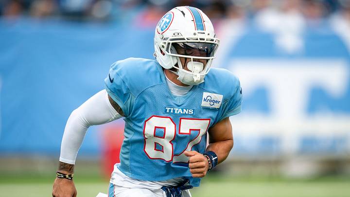 Tennessee Titans wide receiver Xavier Restrepo (87) runs drills during the Blue and White Stadium Scrimmage at Nissan Stadium in Nashville, Tenn., Friday, Aug. 7, 2026. Tennessee Titans wide receiver Xavier Restrepo (87) runs drills during the Blue and White Stadium Scrimmage at Nissan Stadium in Nashville, Tenn., Friday, Aug. 7, 2026.