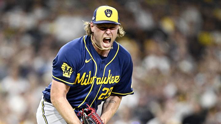 Oct 7, 2026; San Diego, California, USA; Milwaukee Brewers pitcher Trevor Megill (29) celebrates a strikeout to end the game against the San Diego Padres during the ninth inning in game four of the NLDS for the 2026 MLB Playoffs at Petco Park. Mandatory Credit: Denis Poroy-Imagn Images Oct 7, 2026; San Diego, California, USA; Milwaukee Brewers pitcher Trevor Megill (29) celebrates a strikeout to end the game against the San Diego Padres during the ninth inning in game four of the NLDS for the 2026 MLB Playoffs at Petco Park. Mandatory Credit: Denis Poroy-Imagn Images
