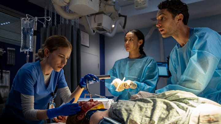 PULSE. (L-R) Willa Fitzgerald as Danny, Chelsea Muirhead as Sophie Chan, and Colin Woodell as Xander Phillips in Episode 110 of Pulse
