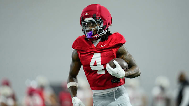 Ohio State Buckeyes wide receiver Jeremiah Smith (4) runs during the first day of spring workouts for the 2026 football season at Woody Hayes Athletic Complex in Columbus on March 10, 2026.