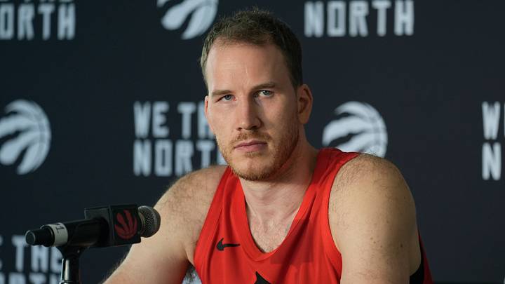 Sep 28, 2026; Toronto, ON, Canada;  Toronto Raptors center Jakob Poeltl (19) talks to the media during Toronto Raptors-Media Day at Hotel-X.  Mandatory Credit: John E. Sokolowski-Imagn Images