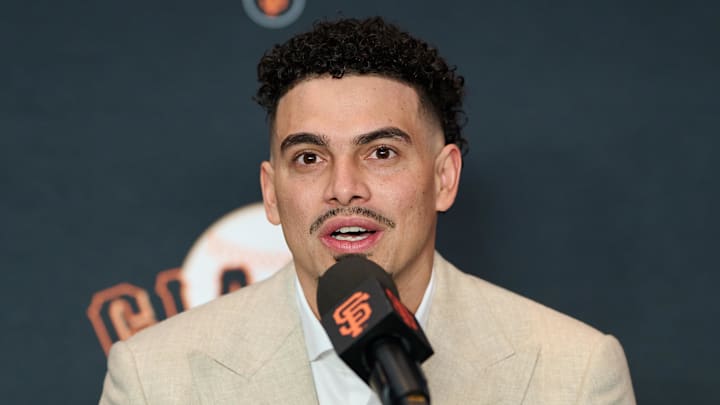 Dec 12, 2024; San Francisco, CA, USA; San Francisco Giants shortstop Willy Adames speaks during his introductory press conference at Oracle Park.