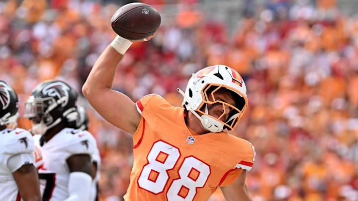 Oct 27, 2024; Tampa, Florida, USA; Tampa Bay Buccaneers tight end Cade Otton (88) spikes the ball after scoring a touchdown in the first half against the Atlanta Falcons at Raymond James Stadium. Mandatory Credit: Jonathan Dyer-Imagn Images Oct 27, 2024; Tampa, Florida, USA; Tampa Bay Buccaneers tight end Cade Otton (88) spikes the ball after scoring a touchdown in the first half against the Atlanta Falcons at Raymond James Stadium. Mandatory Credit: Jonathan Dyer-Imagn Images