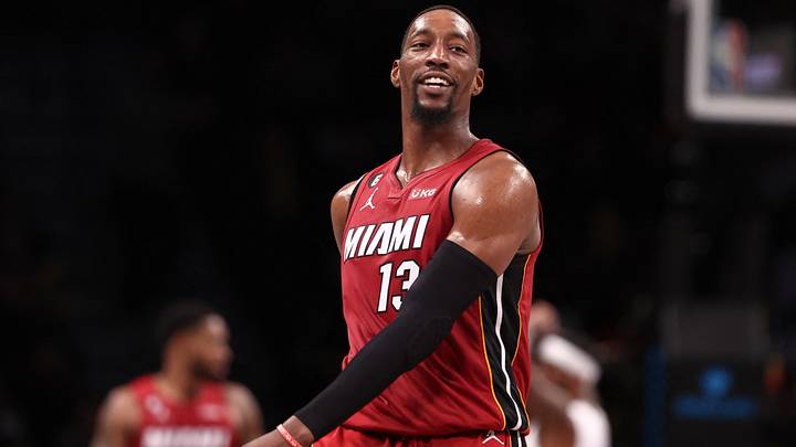 Feb 15, 2023; Brooklyn, New York, USA; Miami Heat center Bam Adebayo (13) reacts after a basket against the Brooklyn Nets during the second half at Barclays Center. Mandatory Credit: Vincent Carchietta-USA TODAY Sports