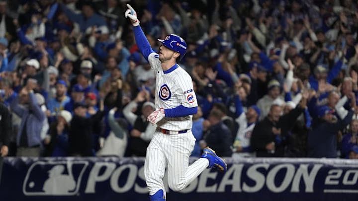 Oct 9, 2025; Chicago, Illinois, USA; Chicago Cubs right fielder Kyle Tucker (30) reacts after hitting a home run against the Milwaukee Brewers during the seventh inning for game four of the NLDS round for the 2025 MLB playoffs at Wrigley Field. Mandatory Credit: David Banks-Imagn Images
