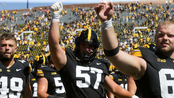Iowa players celebrate defeating Illinois State Saturday, Aug. 31, 2024 at Kinnick Stadium in Iowa City, Iowa.