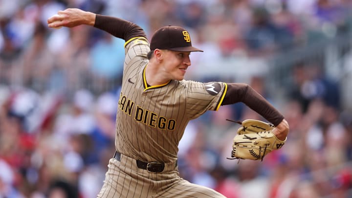 May 24, 2025; Atlanta, Georgia, USA; San Diego Padres relief pitcher Alek Jacob (37) throws against the Atlanta Braves in the sixth inning at Truist Park. Mandatory Credit: Brett Davis-Imagn Images