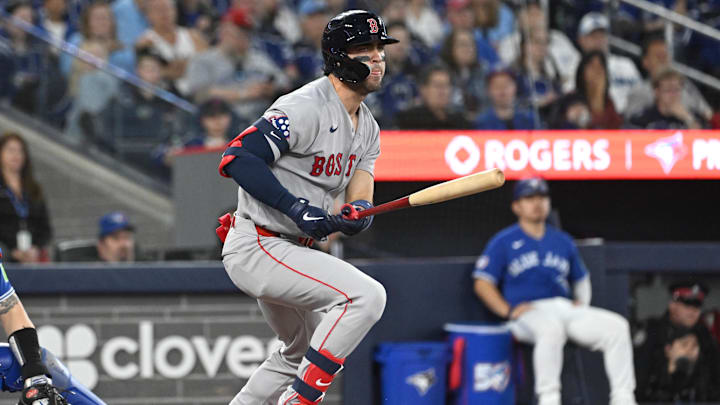 Apr 27, 2026; Toronto, Ontario, CAN; Boston Red Sox second baseman Marcelo Mayer (11) hits a single against the Toronto Blue Jays on the second inning at Rogers Centre. Mandatory Credit: Dan Hamilton-Imagn Images