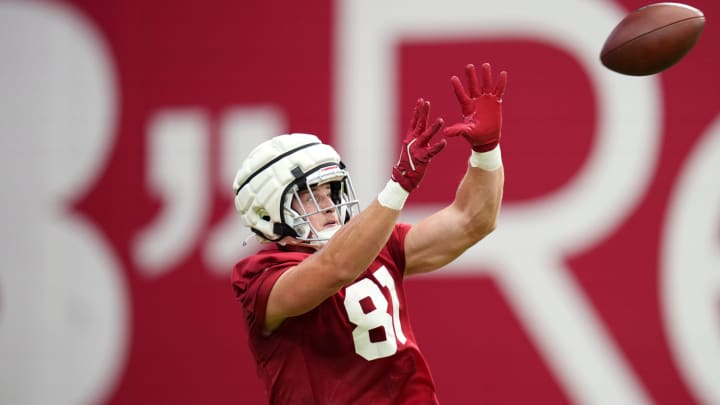 Arizona Cardinals tight end Travis Vokolek (81) catches a pass during training camp at State Farm Stadium on Aug 6, 2024, in Glendale, Ariz. Arizona Cardinals tight end Travis Vokolek (81) catches a pass during training camp at State Farm Stadium on Aug 6, 2024, in Glendale, Ariz.